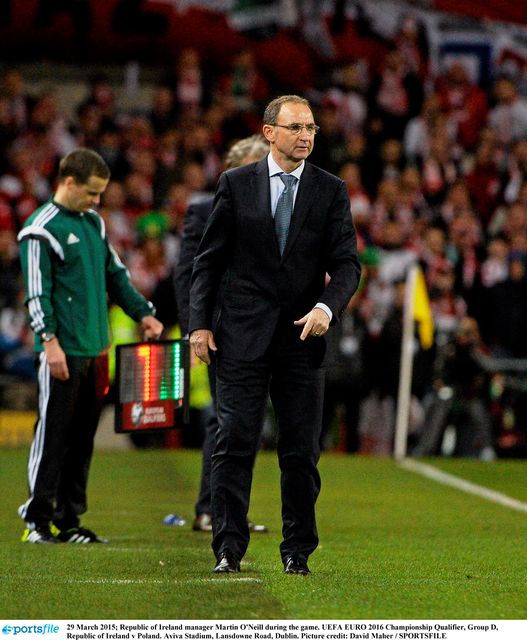 29 March 2015; Republic of Ireland manager Martin O'Neill during the game. UEFA EURO 2016 Championship Qualifier, Group D, Republic of Ireland v Poland. Aviva Stadium, Lansdowne Road, Dublin. Picture credit: David Maher / SPORTSFILE