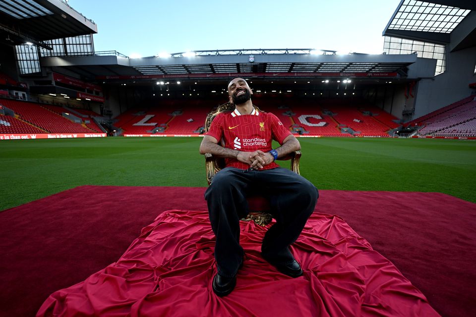 LIVERPOOL, ENGLAND - APRIL 11: (THE SUN OUT, THE SUN ON SUNDAY OUT) Mohamed Salah of Liverpool signs a new contract extension at Anfield on April 11, 2025 in Liverpool, England. (Photo by Andrew Powell/Liverpool FC via Getty Images)