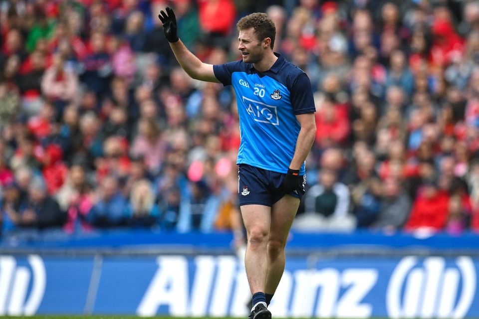 Dublin's Jack McCaffrey signals an injury to the bench during the Leinster SFC final against Louth at Croke Park. Photo: Seb Daly/Sportsfile