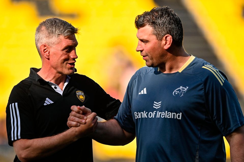 La Rochelle head coach Ronan O'Gara, left, and Munster defence coach Denis Leamy before the Champions Cup round of 16 match last weekend. Photo by Ramsey Cardy/Sportsfile