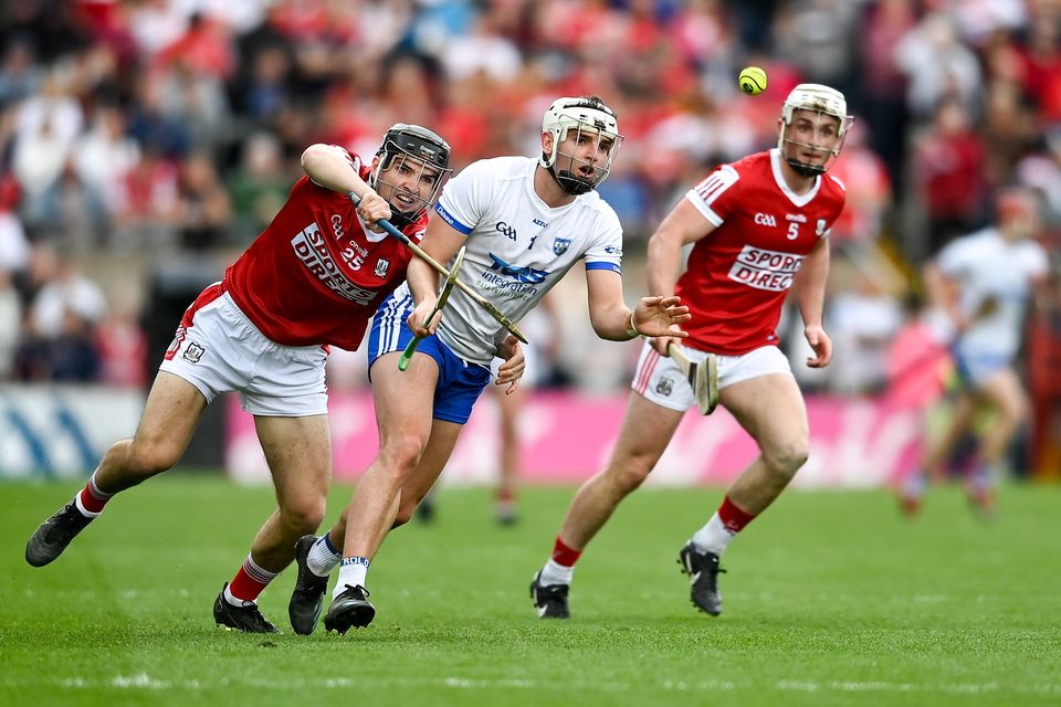 30 April 2023; Dessie Hutchinson of Waterford in action against Padraig Power of Cork during the Munster GAA Hurling Senior Championship Round 2 match between Cork and Waterford at Páirc Uí Chaoimh in Cork. Photo by David Fitzgerald/Sportsfile