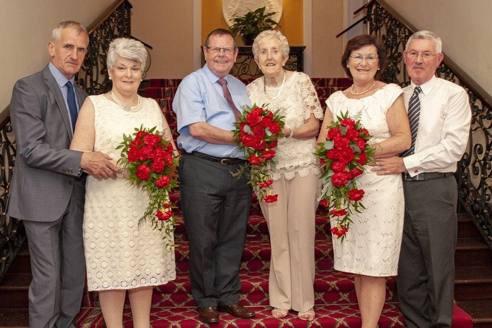 Here come the brides: Don and Breda O’Neill, Tom and Sheila Fitzgerald and Edward and Jean Barrett gather at the Metropole in Cork to remember their wedding day
