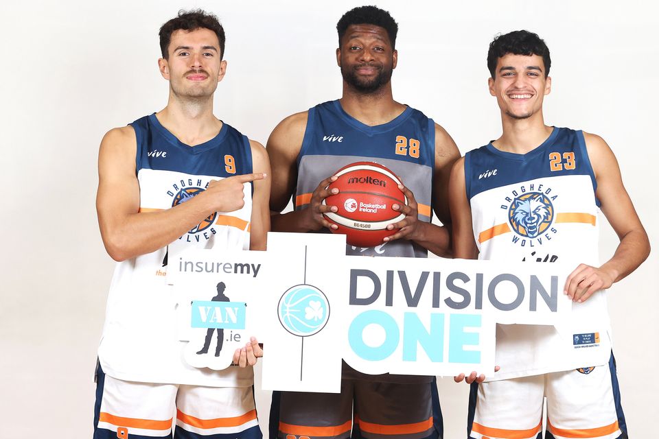 Two of Drogheda Wolves' new signings (l to r) Francisco Antonio Cruz and Darren Townes with Tiago Dos Santos Pereira (right) - who is back for another year - at the launch of the 2023/24 National League season at the National Basketball Arena in Dublin. Picture: INPHO/Bryan Keane