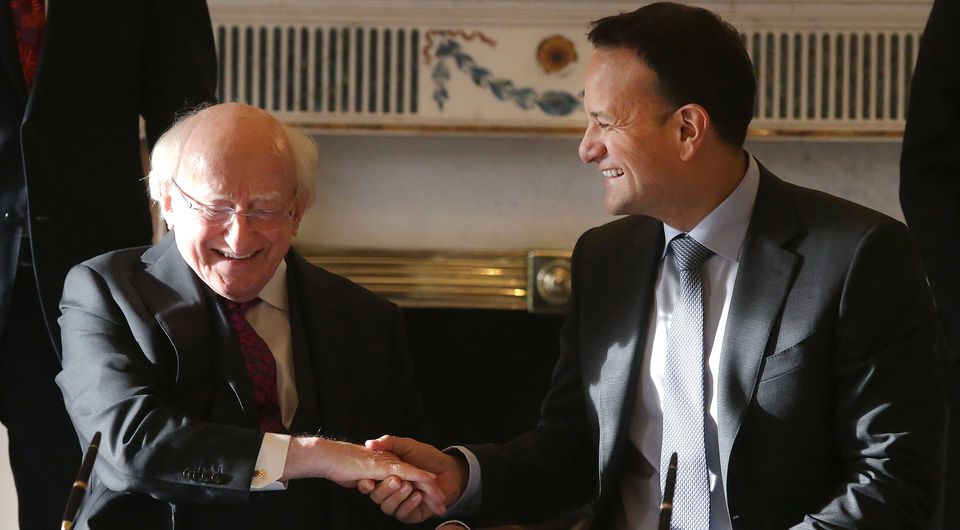 Taoiseach Leo Varadkar with President of Ireland, Michael D Higgins following his request to dissolve the 32nd Dail (Damien Eagers/PA)
