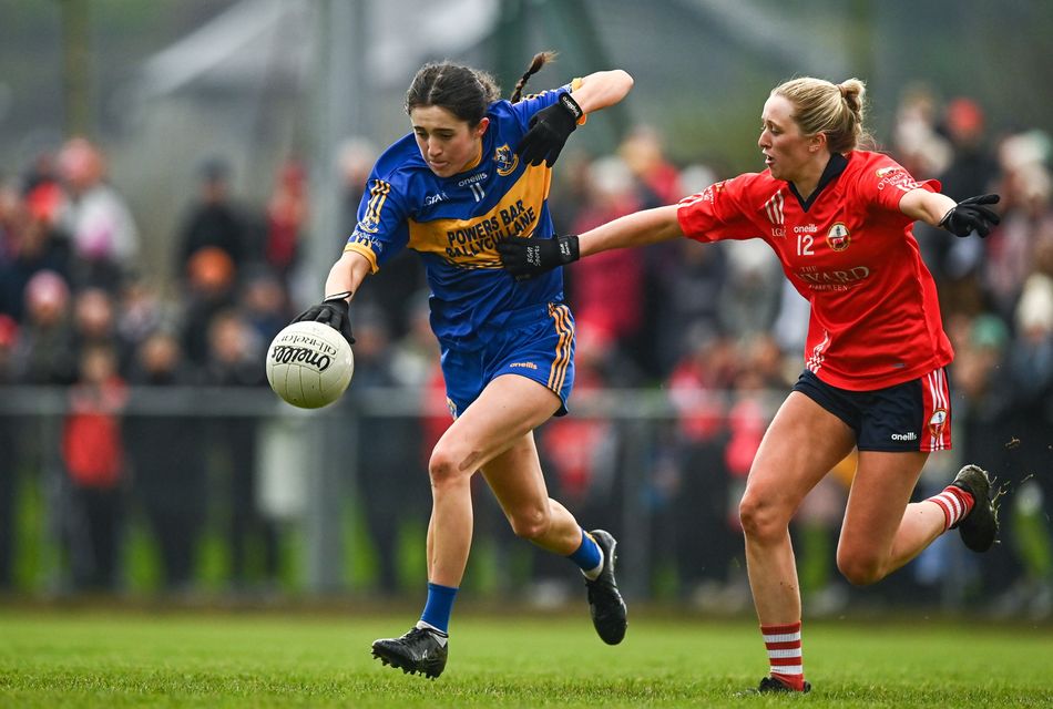 Gusserane's Aoife Cullen in action against O'Donovan Rossa's Kate O'Connell during the All-Ireland Ladies JFC club semi-final last December. Photo: Eóin Noonan/Sportsfile