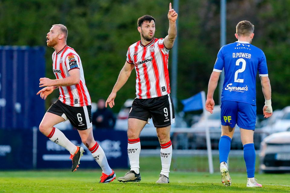 Patrick Hoban of Derry City reacts to having a goal disallowed for offside during the SSE Airtricity Premier Division win over Waterford at Regional Sports Centre in Waterford. Photo: Michael P Ryan/Sportsfile