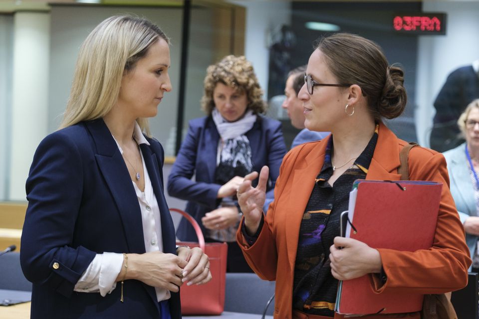 Minister Helen McEntee with the Belgium Secretary of State for Asylum and Migration Nicole de Moor at an EU home affairs Ministers meeting today. Photo: Thierry Monasse/Getty Images.