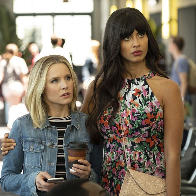 Jameela Jamil as Tahani, right, in The Good Place