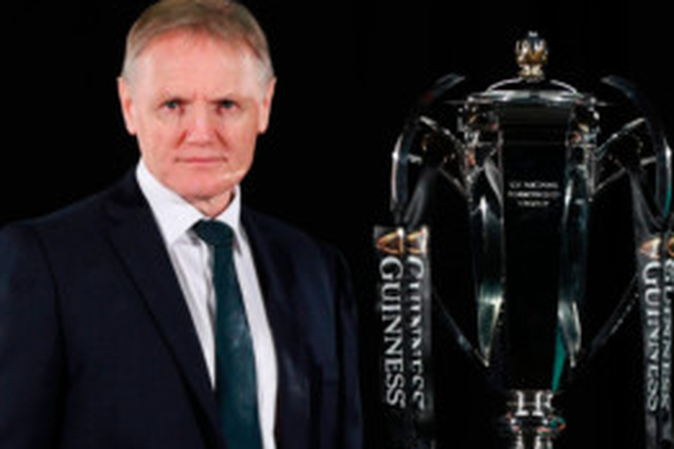 Ireland head coach Joe Schmidt is pictured with the Six Nations trophy during the 2019 Guinness Six Nations Rugby Championship launch at the Hurlingham Club in London