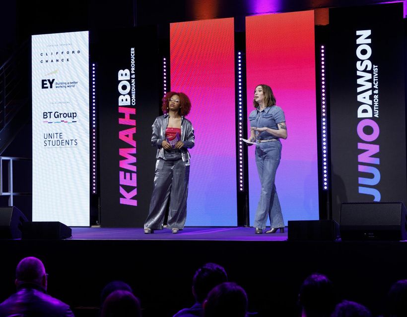 Juno Dawson, right, on stage with Kemah Bob at the National Student Pride 2023 at the University of Westminster in February. Picture by John Phillips/Getty Images