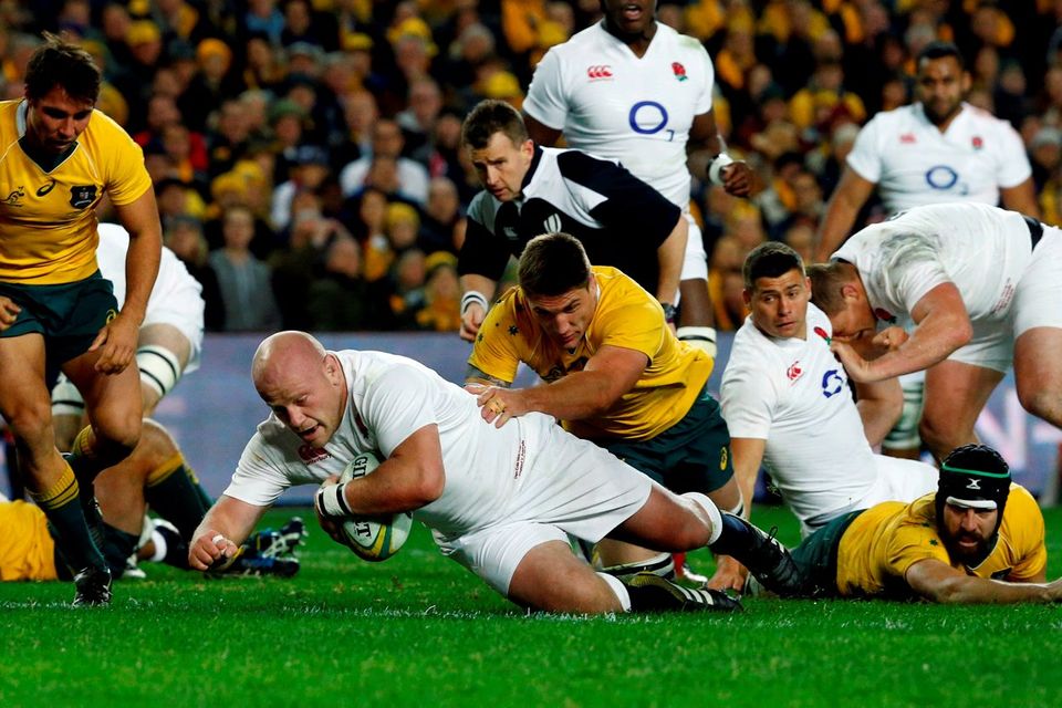 England prop Dan Cole crashes over for an early try against Australia in the third Test in Sydney. Photo: Jason Reed/Reuters