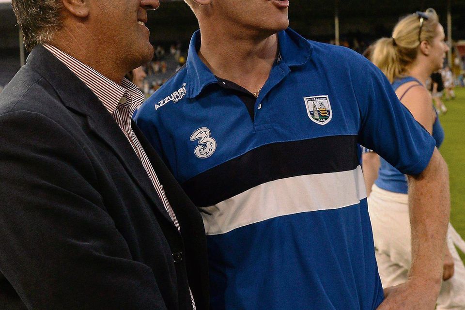 John Mullane pictured with Dublin hurling manager and Waterford player Humphrey Kelleher after the clash between Kilkenny and Waterford