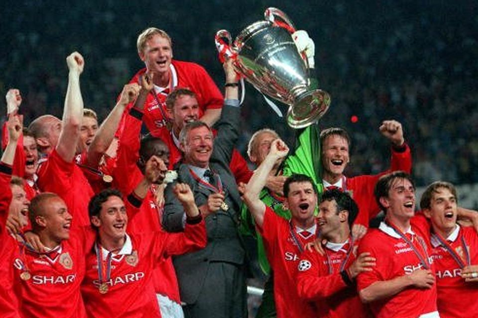 Alex Ferguson celebrates the 1999 Champions League win