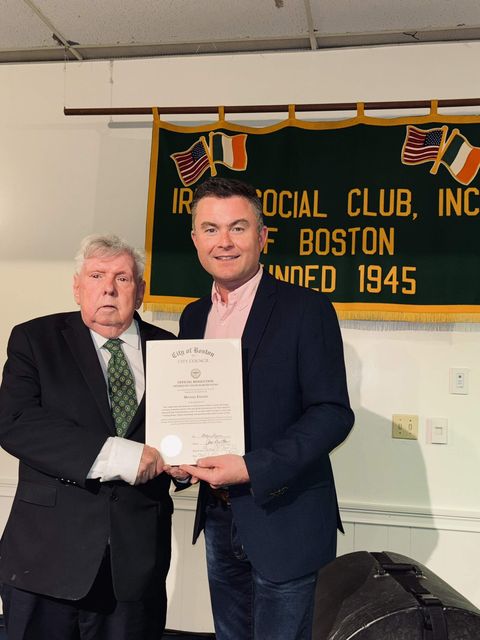 Michael English receiving an award in Boston in 2025 for his song, Come Home