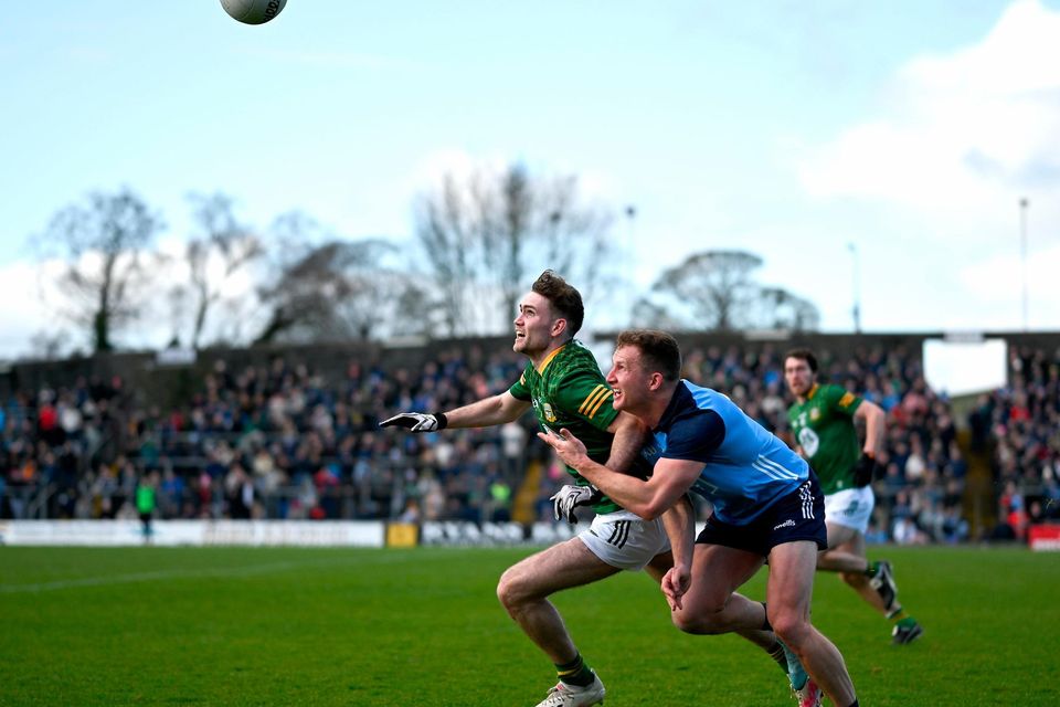 Dublin's Ciarán Kilkenny in action against Cathal Hickey of Meath during the Division 2 clash at Páirc Tailteann. Pic: David Fitzgerald/Sportsfile