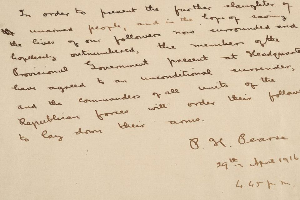 Padraig Pearse's surrender order, dated April 29, 1916 (HE:EW. 848)