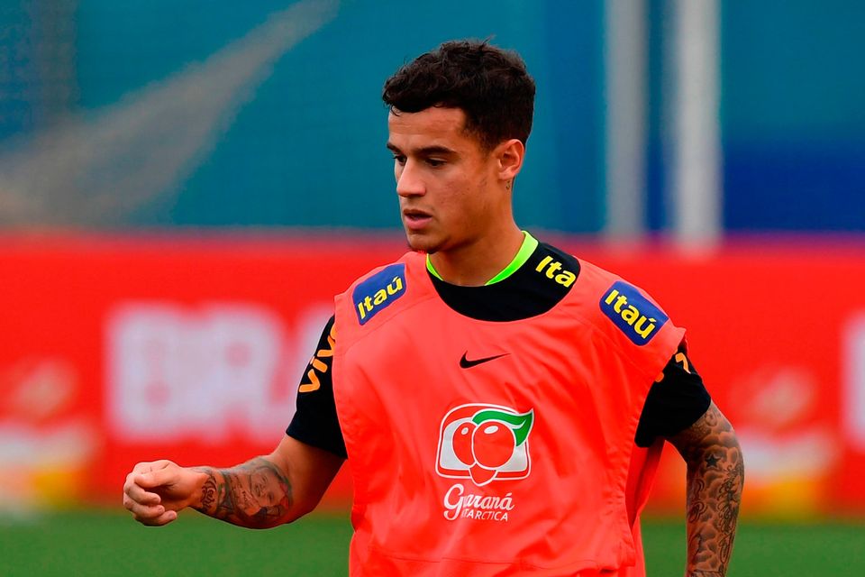 Philippe Coutinho takes part in a training session at the Gremio team training centre for Brazil