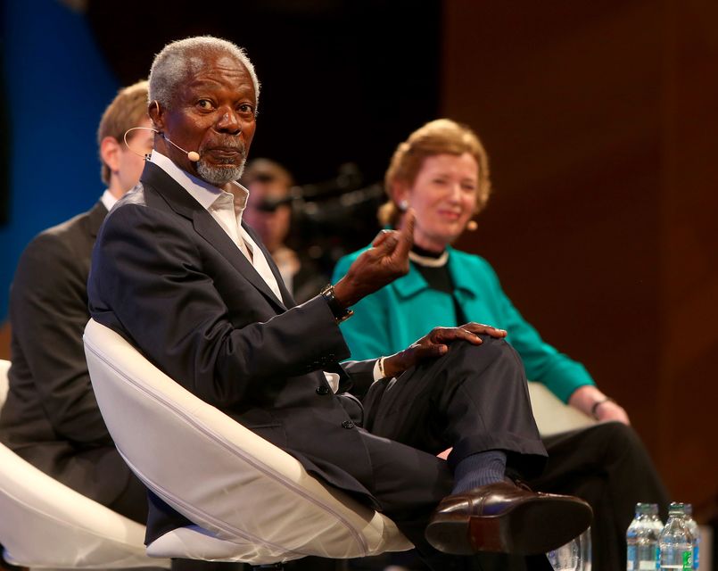 Kofi Annan shakes and Mary Robinson pictured at the  One Young World 2014 at the Convention centre in Dublin