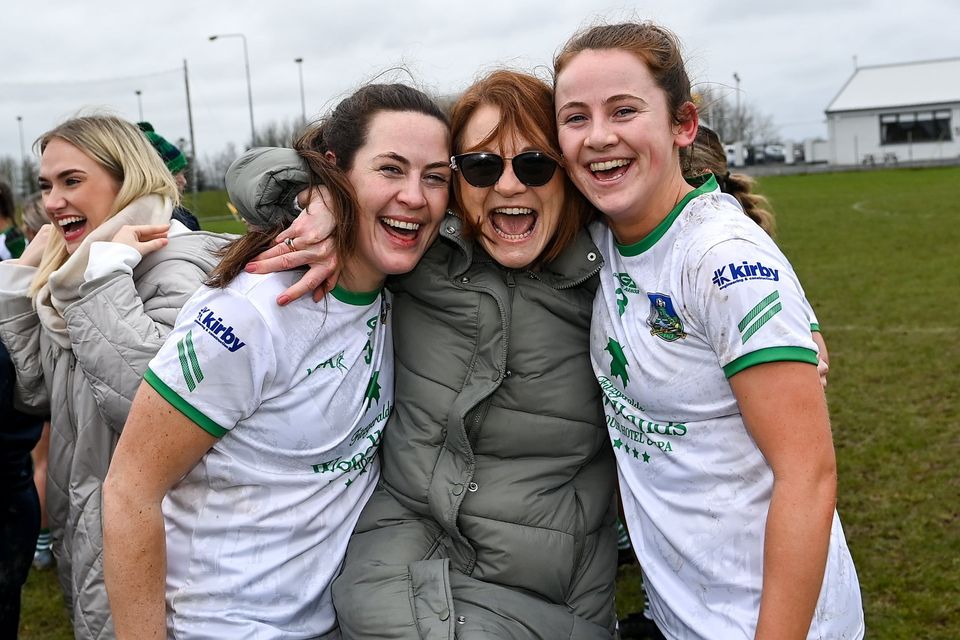 Sisters Grace, left, and Yvonne Lee, of Limerick pictured with their mother Breda Holton Lee after the Lidl National League Division 4 semi-final win over Leitrim at Pádraig Pearses in Roscommon. Photo: Seb Daly/Sportsfile