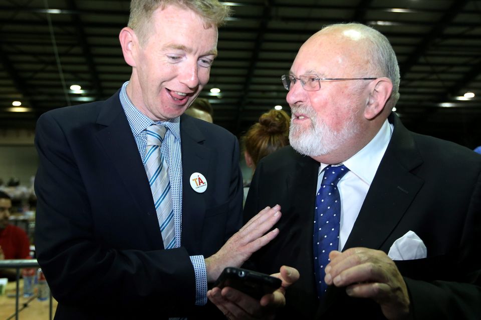 Tiernan Brady Policy Director with GLEN pictured with Sen David Norris as they go through some of the tally counts at  the Marriage Equality Referendum and the  Presidential Age Referendum  in the RDS Simmonscourt .
Pic Frank Mc Grath