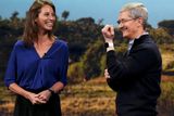 thumbnail: Model Christy Turlington Burns (L) speaks to Apple CEO Tim Cook about the Apple Watch during an Apple event in San Francisco, California March 9, 2015.   REUTERS/Robert Galbraith