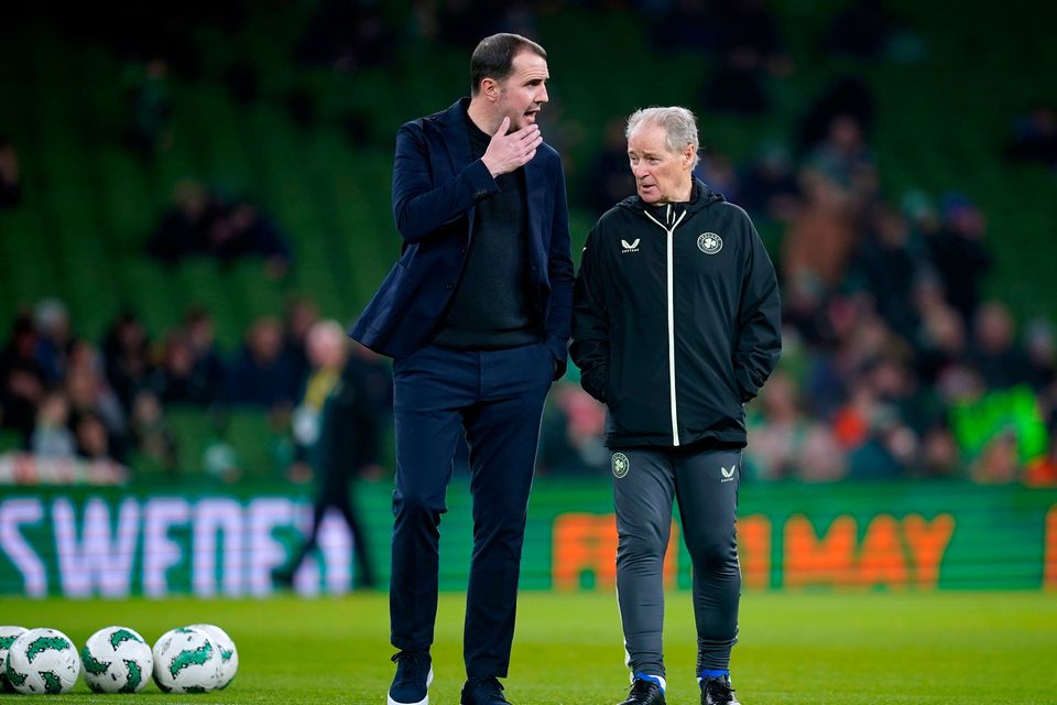 Ireland interim head coach John O'Shea (left) and technical advisor Brian Kerr ahead of the international friendly match against Switzerland at the Aviva Stadium, Dublin
