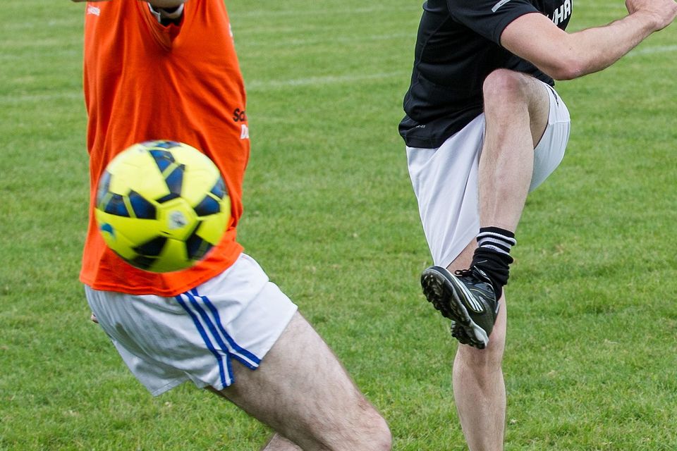 Phoenix Park: Sport Against Racism Ireland (SARI) organised a Sari All-Stars v Love/Hate cast football match. Aiden Gillen shoots on goal with Aodhan O Riordhan TD Minister of State defending.