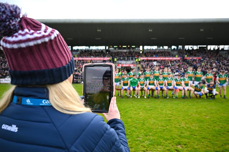Galway public relations officer Michelle Healy takes a photo of the Kerry team before the Allianz Football League Division 1 match between Galway and Kerry at Pearse Stadium in Galway. Photo by Sportsfile