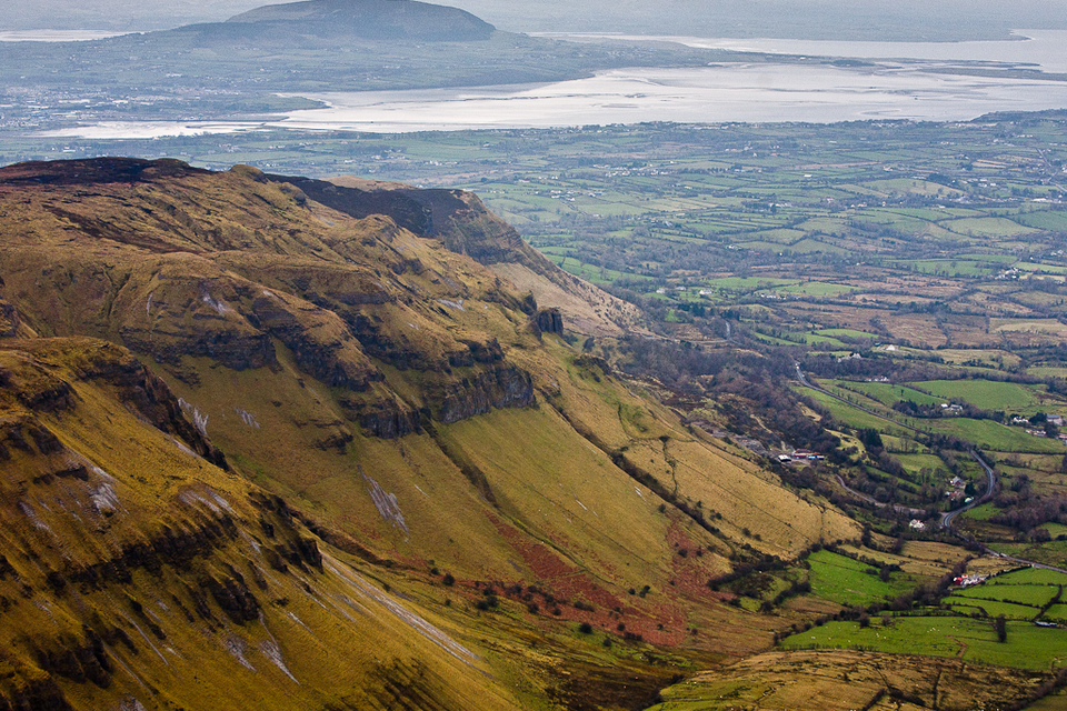 Aerial view over Cope's Mountain to Sligo Bay with Knocknarea in the distance. Photo: Colin Gillen / Framelight.ie