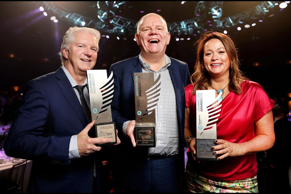 Sunday World's award winning journalists, Eddie Rowley, Roy Curtis and Nicola Tallant at the NewsBrands Ireland Journalism Awards 2019 at the Mansion House