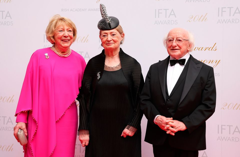 President Michael D Higgins and his wife Sabina with Joan Bergin (centre) on the red carpet ahead of the 20th Irish Film and Television Academy (IFTA) Awards ceremony at the Dublin Royal Convention Centre. Photo: Damien Eagers/PA Wire