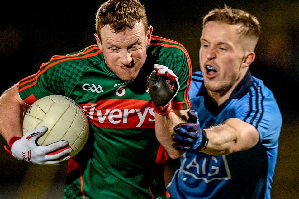 Colm Boyle, Mayo, in action against Philip Ryan, Dublin