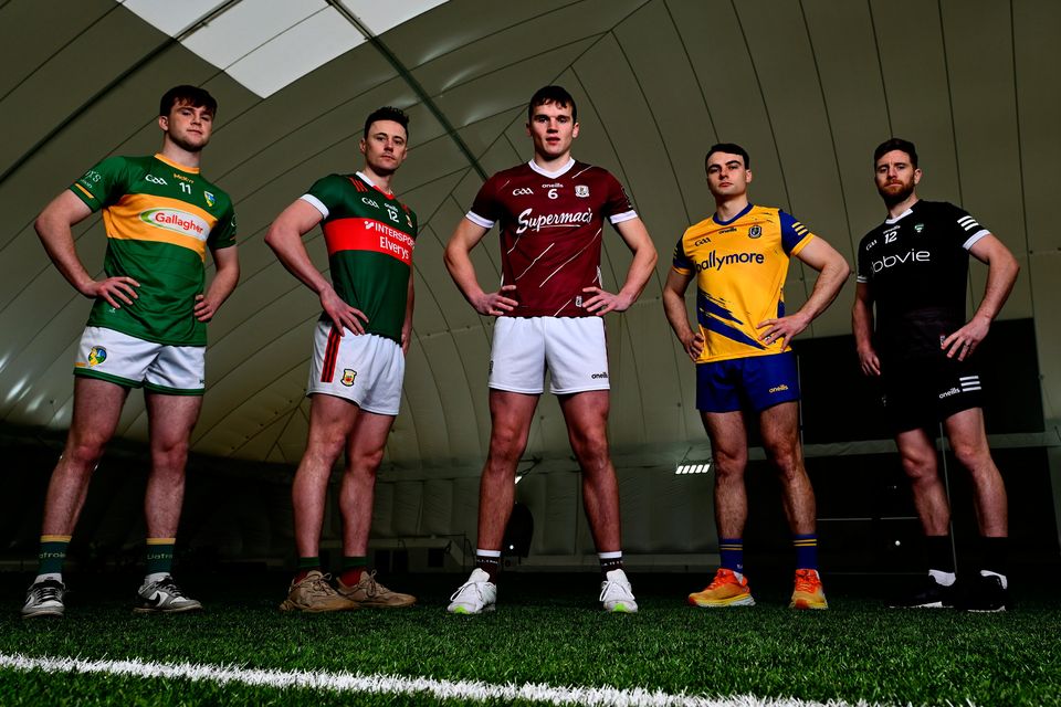 Jack Casey of Leitrim, Diarmuid O'Connor of Mayo, John Daly of Galway, Conor Hussey of Roscommon and Keelan Cawley of Sligo at the launch of the 2024 Connacht GAA Football Championship at University of Galway Connacht GAA AirDome in Bekan, Mayo. Photo: Piaras Ó Mídheach/Sportsfile