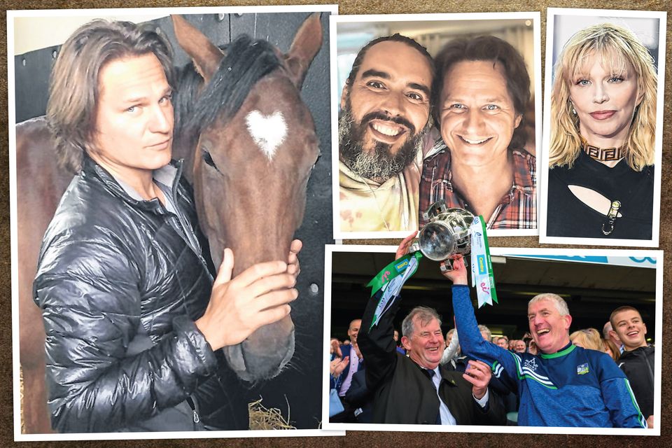 Clockwise from left: Dr Jerome Poupel has worked with everyone from horse racing owners to the All Blacks and Formula One drivers; Poupel with Russell Brand; Courtney Love; and JP McManus and Limerick hurling manager John Kiely celebrate the county's four-in-a-row at Croke Park.