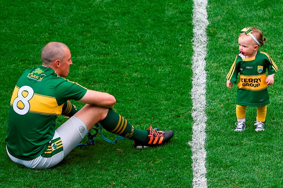 Kieran Donaghy of Kerry with his daughter Lola Rose after the GAA Football All-Ireland Senior Championship Semi-Final game against Dublin. Photo: Sportsfile