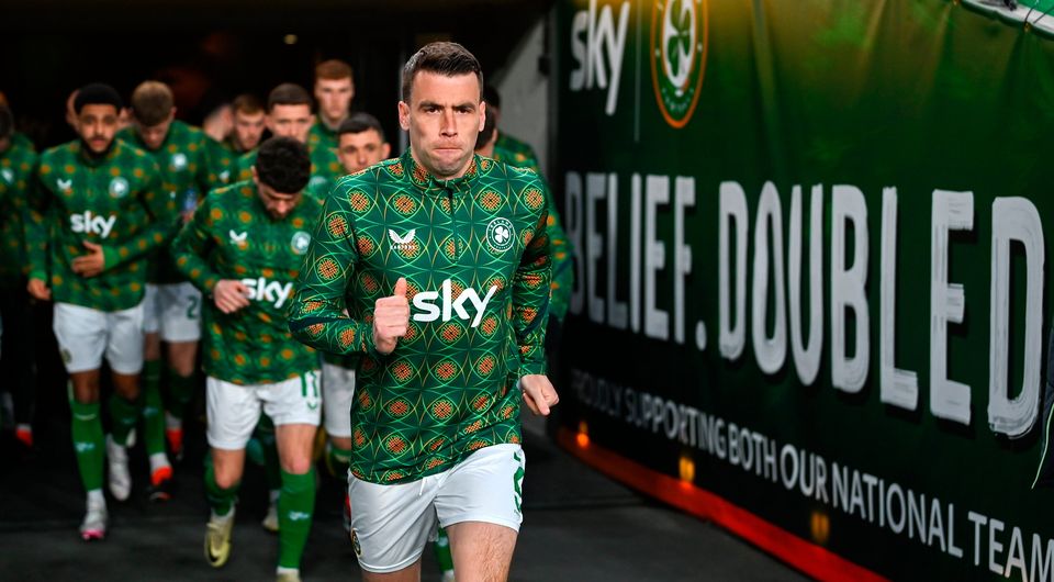 Republic of Ireland captain Séamus Coleman leads his side out for the warm-up against Switzerland at the Aviva Stadium on Tuesday. Photo: Stephen McCarthy/Sportsfile