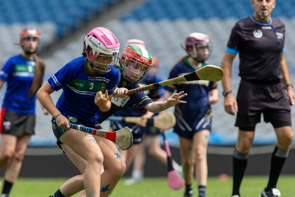 Corn Olly Quinlan: Kayla Costello of Pope John Paul II NS in action against Aoibhinn Bizzell of Gaelscoil Míde, Cill Bharróg
