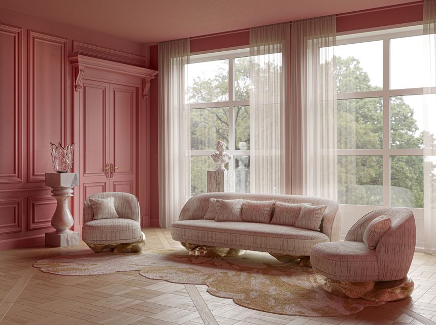Living room with blush pink panelling and a wood floor from Covet House