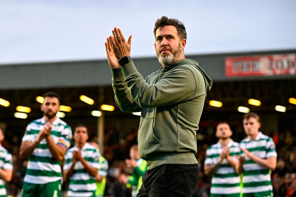 Shamrock Rovers manager Stephen Bradley acknowledges supporters after their side's defeat at Dalymount Park.