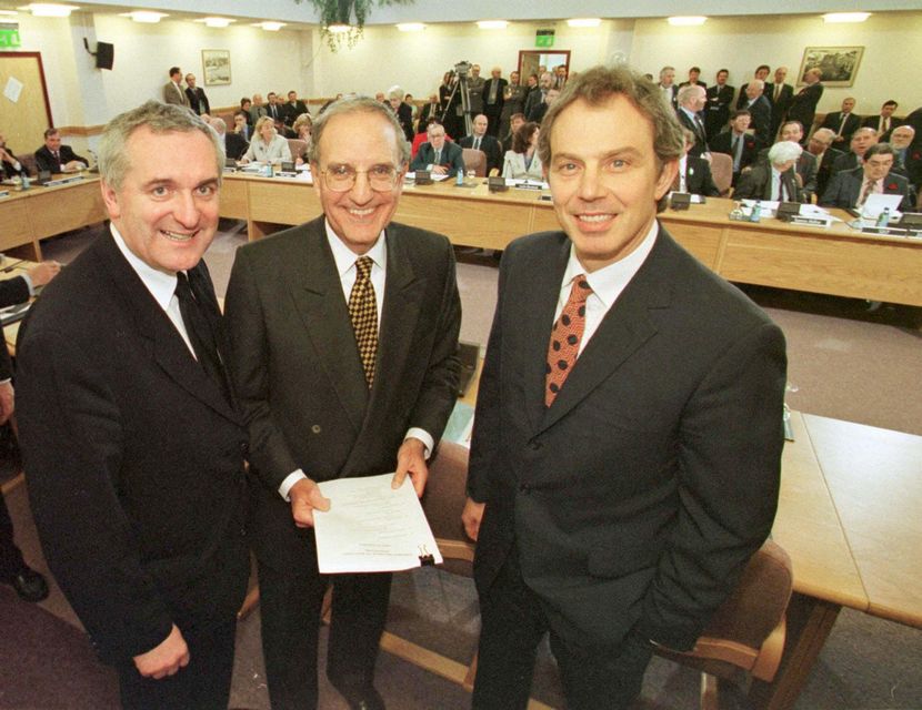 Sign of the times: Former Taoiseach Bertie Ahern, former US Senator George Mitchell and former British Prime Minister Tony Blair after the signing of The Good Friday Agreement set Northern Ireland in 1998.
