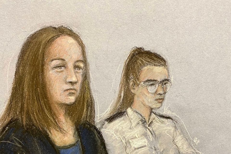 Court artist sketch of Lucy Letby appearing in the dock at Manchester Crown Court where she is charged with the murder of seven babies and the attempted murder of another 10 (Elizabeth Cook/PA)