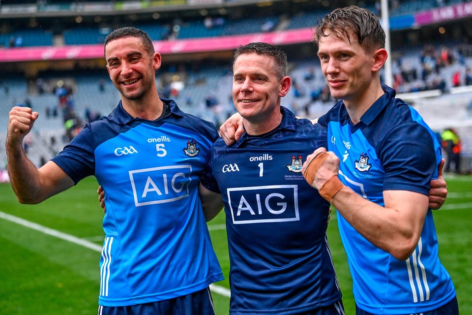 Dublin players James McCarthy, Stephen Cluxton and Michael Fitzsimons celebrate after their side's victory in the 2023 All-Ireland football final. Photo: Sportsfile