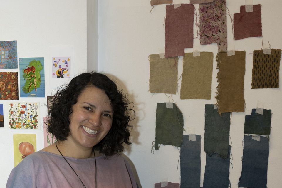 Malú Colorín in Blessington, Co Wicklow, with some of her hand dyeing work on display. Photo: Barry Hamilton
