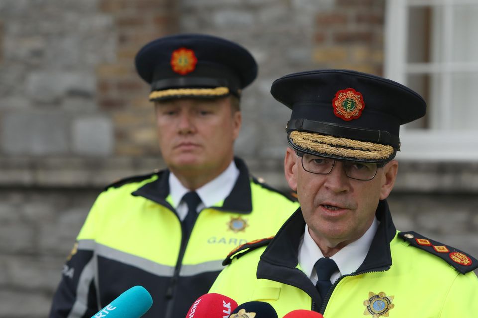 Garda Commissioner Drew Harris speaking to the media at Garda headquarters in Dublin after Irish police officer Kevin Flatley was killed at a checkpoint in Dublin after being struck by a motorbike (Garrett White/PA)