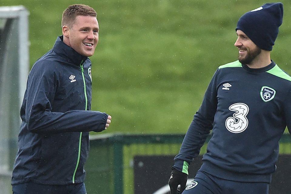 James McCarthy (left) pictured alongside Shane Long at Republic of Ireland squad training last March. Photo: David Maher/Sportsfile