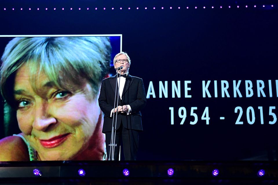 William Roache pays tribute to Anne Kirkbride on stage during the 2015 National Television Awards at the O2 Arena, London