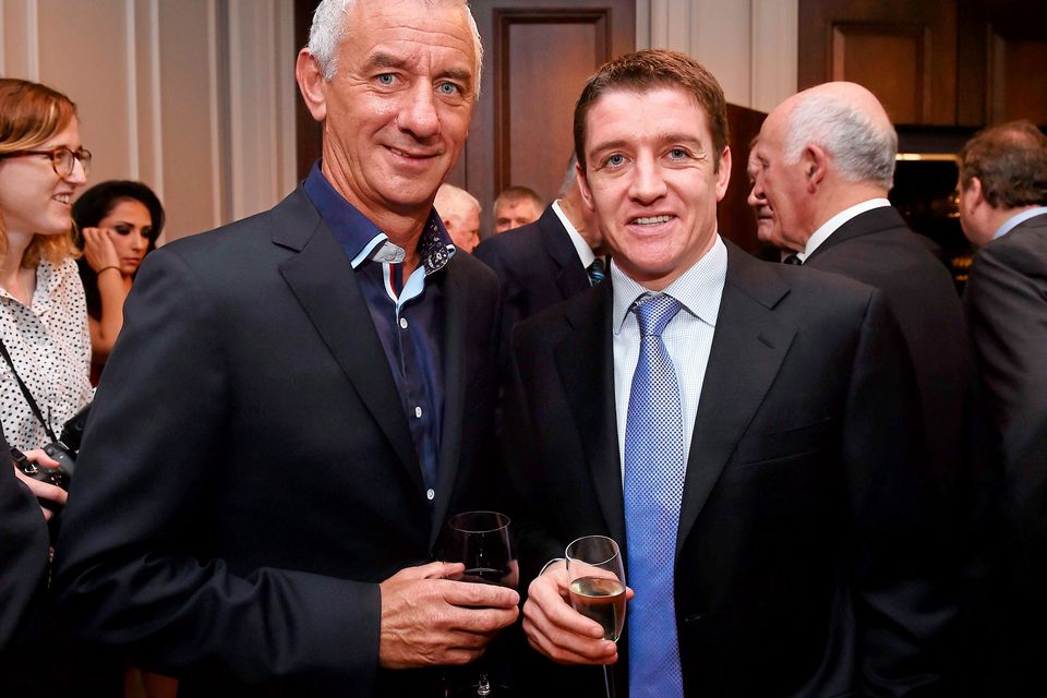 22 December 2014; Former Liverpool player Ian Rush with jockey Barry Geraghty,  during the Croke Park Hotel / Irish Independent Sportstar of the Year Luncheon 2014. The Westbury Hotel, Dublin. Picture credit: David Maher / SPORTSFILE