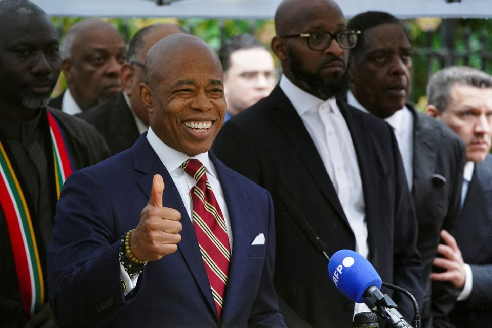 New York Mayor Eric Adams attends a press conference outside his official residence Gracie Mansion yesterday in New York City after he was charged with bribery and illegally soliciting a campaign contribution from a stranger. Photo: Bing Guan/Reuters