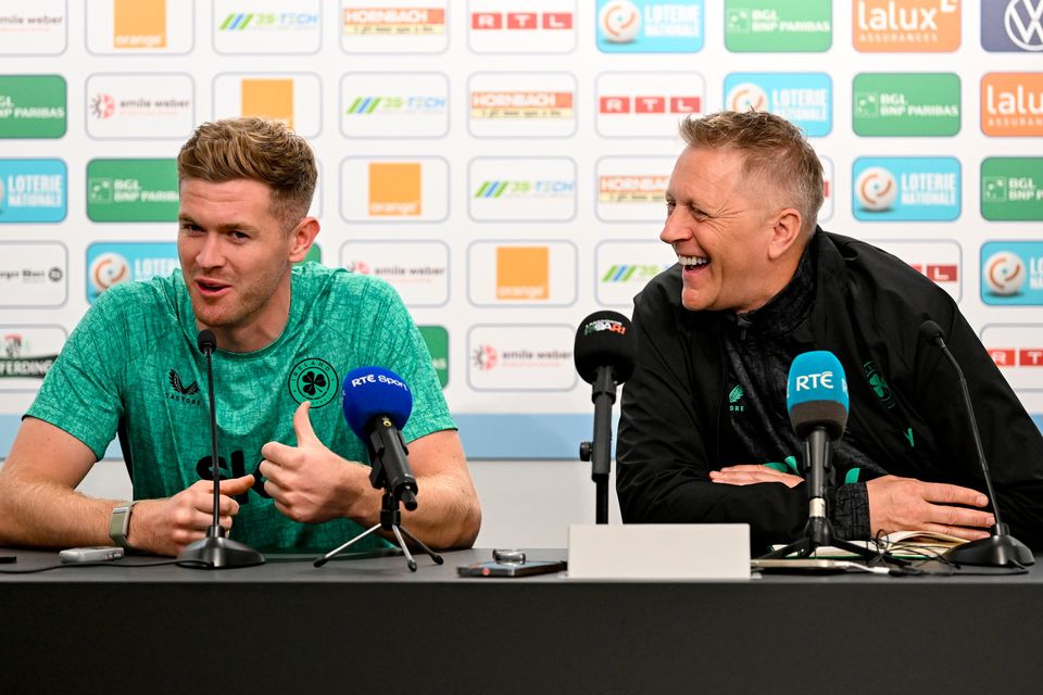 Ireland manager Heimir Hallgrimsson and Nathan Collins during a press conference at the Stade de Luxembourg. Photo: Stephen McCarthy/Sportsfile