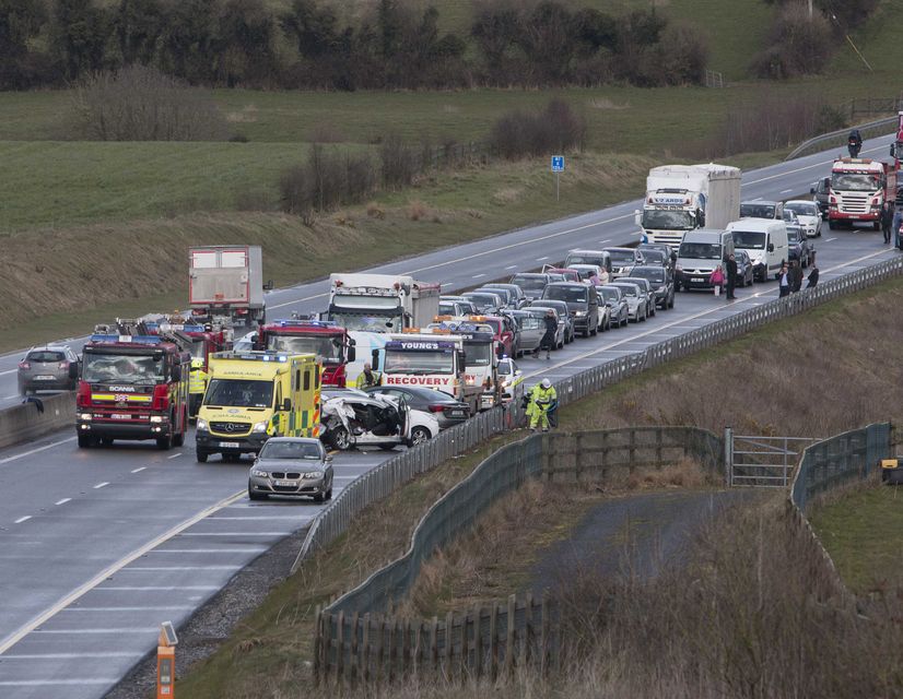 The scene of Thursday’s collision on the M7 near Dunkerrin in Co Tipperary. One person was airlifted to hospital by the Shannon based Irish Coast Guard helicopter. Fire crews used cutting equipment to release a child from the wreckage of one car. Two vehicles were involved in the collision which occurred following a heavy downpour of hail. A third car spun out of control at the same location.   Photograph Press 22